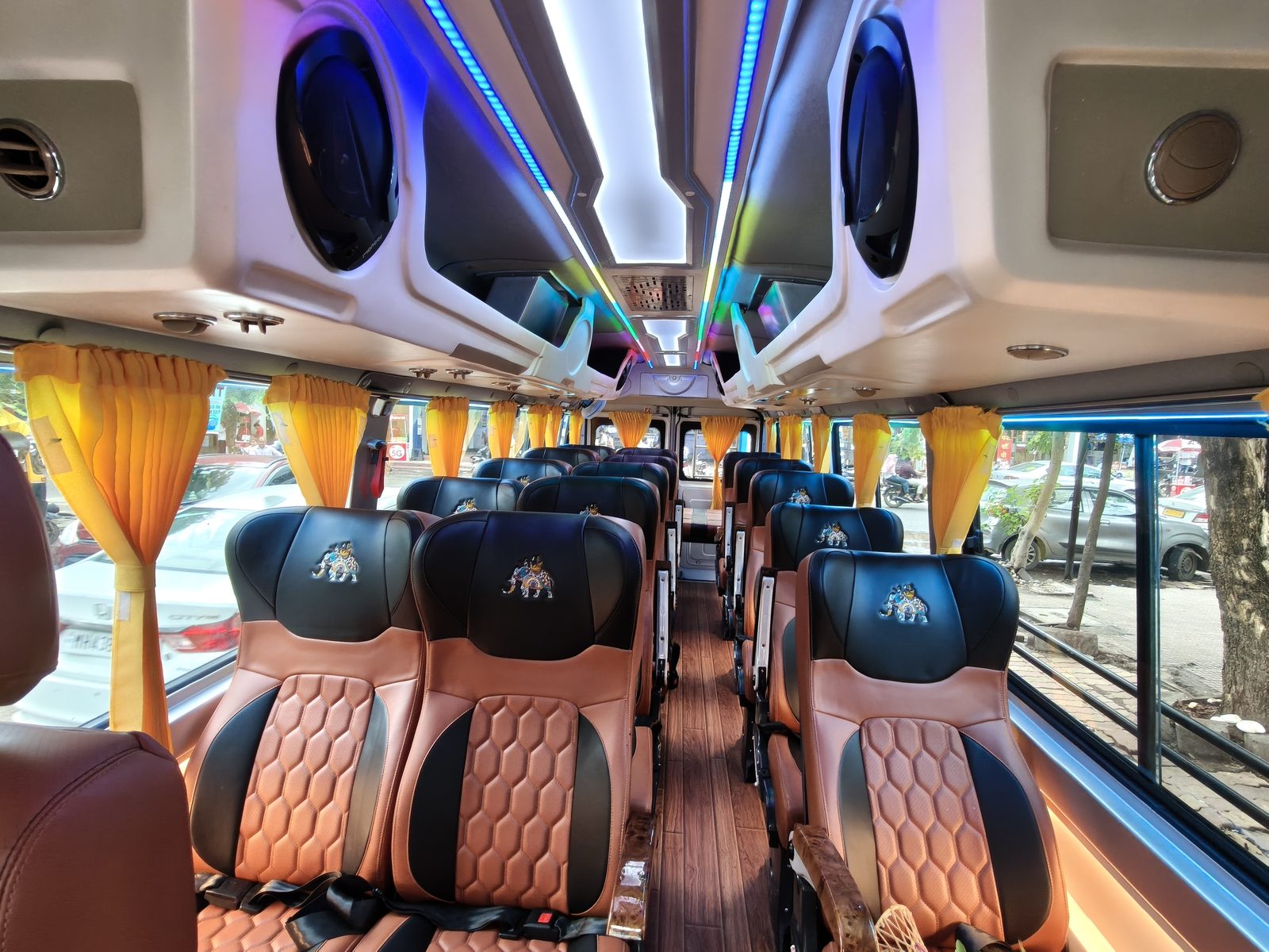 Luxury bus interior seating with LED lighting - Pragati Tours and Travels Aurangabad