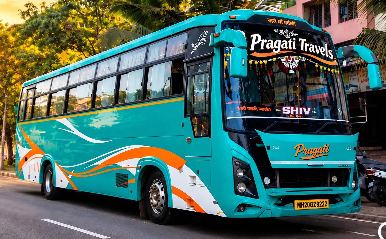 Pragati Travels branded coach on the road - bus rental Aurangabad